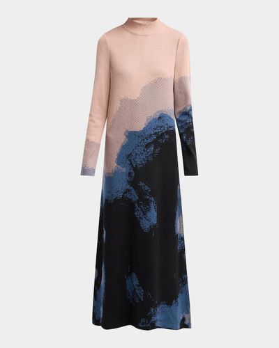 Misook Abstract Long-Sleeve A-Line Maxi Dress
