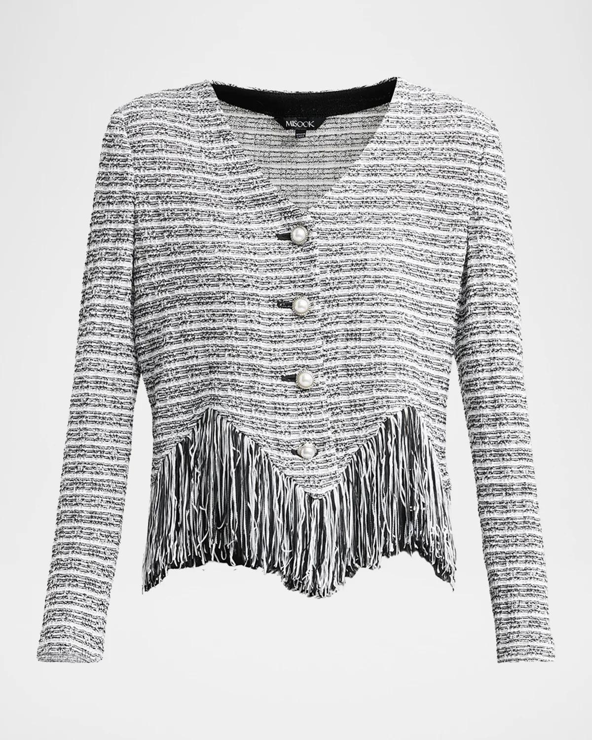 Misook Chevron Tweed Fringe-Trim Jacket
