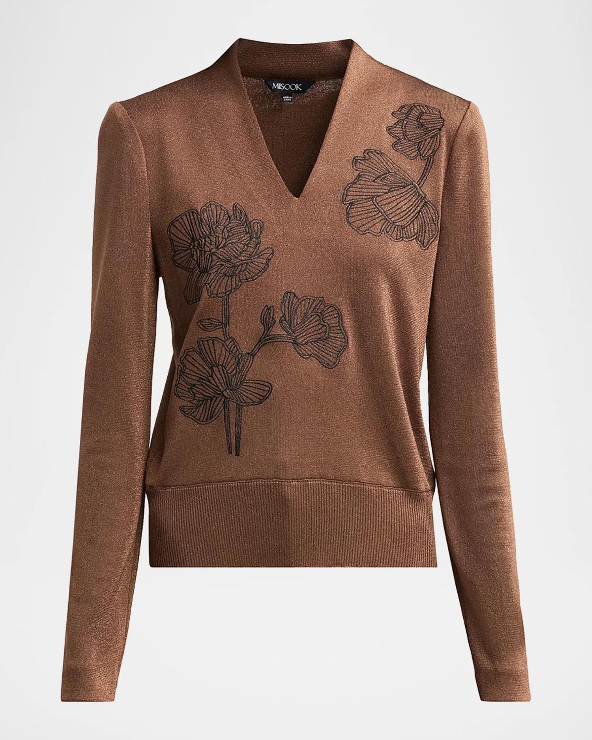 Misook Embroidered Metallic-Knit Top