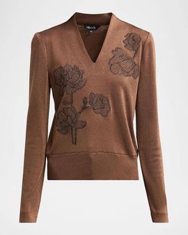 Misook Embroidered Metallic-Knit Top