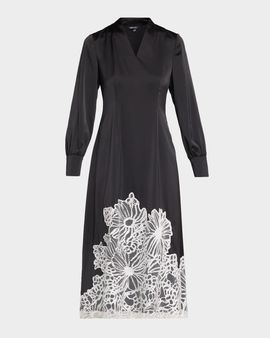 Misook Fit & Flare Lace Crepe de Chine Midi Dress