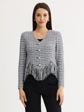 Misook Misook Heritage Chevron Fringe Trim Tweed Knit Jacket