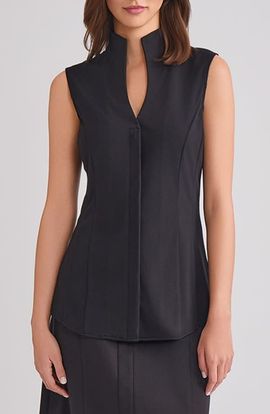 Misook Misook Pima Cotton Sleeveless Stand Collar Shirt