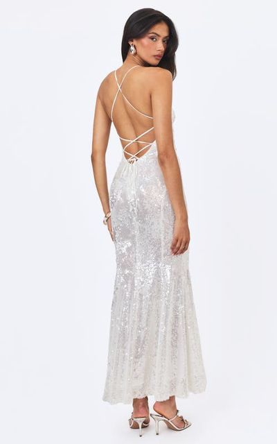 Miss Circle Miss Circle Cameron White Sequin Scoop Neck Mermaid Maxi Dress 