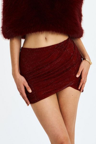 Miss Circle Miss Circle Darleen Rhinestone Mesh Low Waist Skirt in Burgundy, Women's at Urban Outfitters