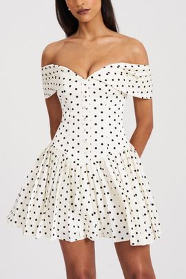 Miss Circle Miss Circle Edeline Polka Dot Off-The-Shoulder Pleated Mini Dress in White, Women's at Urban Outfitters