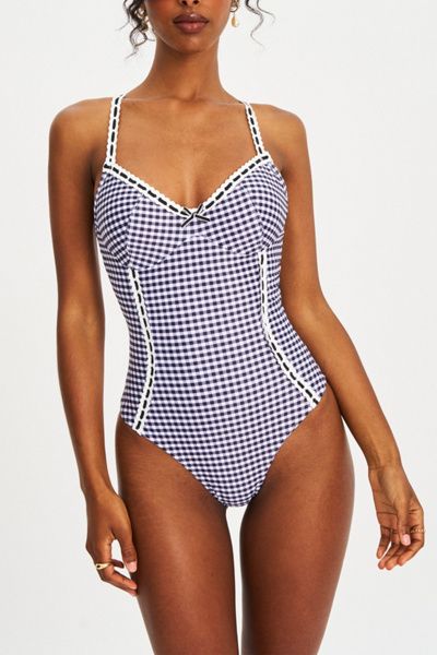 Miss Circle Miss Circle Gigi Gingham Lace Strap Backless Swimsuit in Blue, Women's at Urban Outfitters