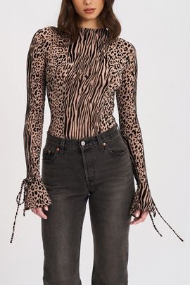 Miss Circle Miss Circle Ibera Animal Print Burnout Velvet Bodysuit in Brass, Women's at Urban Outfitters