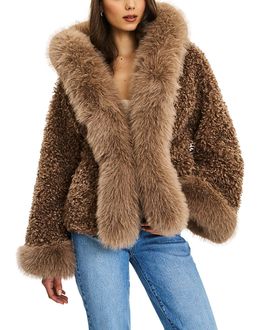 Miss Circle Miss Circle Kali Jumbo Faux Fur Trimmed Teddy Coat with Hood