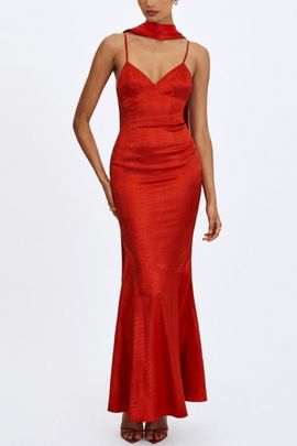 Miss Circle Miss Circle Kelsey Croc-Embossed Maxi Dress with Scarf in Scarlet, Women's at Urban Outfitters