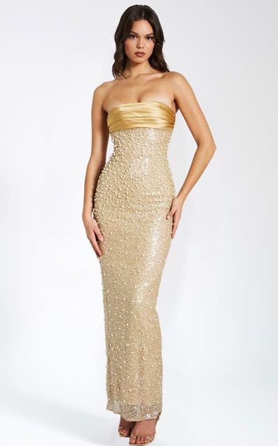 Miss Circle Miss Circle Lainey Pearl Beaded Satin Sequin Strapless Maxi Gown