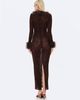 Miss Circle Miss Circle Luana Fur Trimmed Deep V Burnout Mesh Maxi Dress - 3