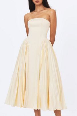 Miss Circle Miss Circle Marnie Pleated Satin Midi Dress in Yellow, Women's at Urban Outfitters