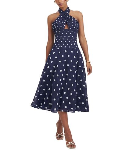 Miss Circle Miss Circle Nuri Polka Dot Ramie Crossover Halter A-Line Midi Dress