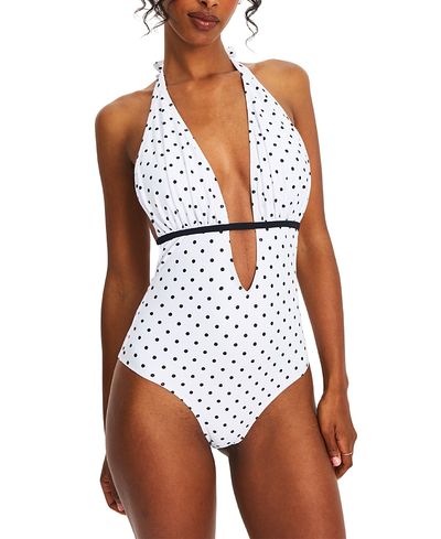 Miss Circle Miss Circle Olive Polka Dot Ruched Halter Backless Swimsuit