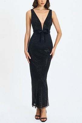 Miss Circle Miss Circle Olympia Belted Bow Plunging Rhinestone Maxi Dress in Black, Women's at Urban Outfitters