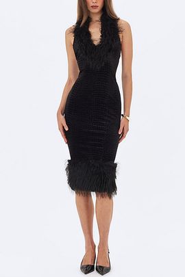 Miss Circle Miss Circle Onalee Croc-Embossed Velvet Fur Midi Dress in Black, Women's at Urban Outfitters
