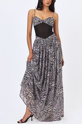 Miss Circle Miss Circle Onora Zebra Print Chiffon Dipped Waist Maxi Dress in Zebra Print, Women's at Urban Outfitters