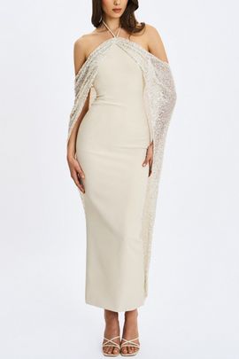 Miss Circle Miss Circle Quimera Beaded Cape Halter Maxi Dress in Almond, Women's at Urban Outfitters