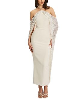 Miss Circle Miss Circle Quimera Beaded Cape Halter Off-Shoulder Maxi Gown