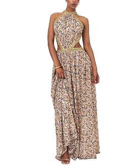 Miss Circle Miss Circle Quinnlyn Cheetah Print Chiffon Halter Maxi Dress