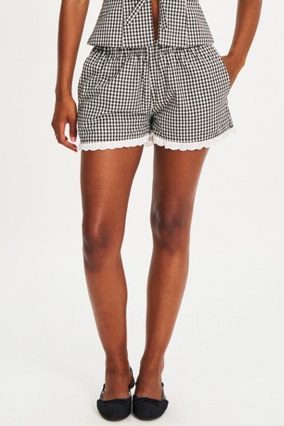 Miss Circle Miss Circle Qutayla Gingham Lace Trim Shorts in Black, Women's at Urban Outfitters