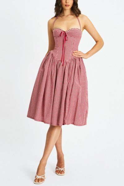 Miss Circle Miss Circle Susanna Cotton Gingham Drop Waist Midi Dress in Red, Women's at Urban Outfitters