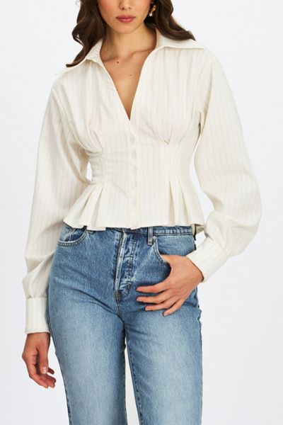Miss Circle Miss Circle Sylvia Pinstripe Deep V Pleated Shirt Top in White, Women's at Urban Outfitters