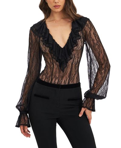 Miss Circle Miss Circle Taliah Sheer Lace Ruffled Collar Bodysuit