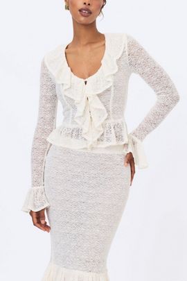 Miss Circle Miss Circle Urva Crochet Ruffle Front Button Top in White, Women's at Urban Outfitters
