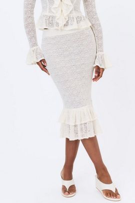 Miss Circle Miss Circle Urvi Crochet Ruffle Midi Skirt in White, Women's at Urban Outfitters