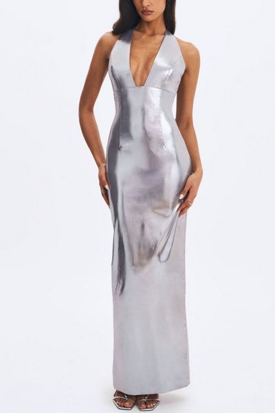 Miss Circle Valeska Foil Plunging Maxi Dress In Silver