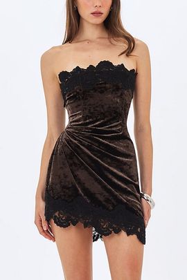 Miss Circle Miss Circle Vallory Crushed Velvet Asymmetrical Mini Dress in Brass, Women's at Urban Outfitters