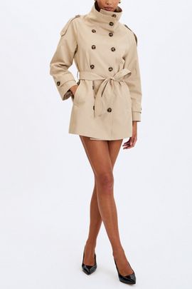 Miss Circle Miss Circle Vanetta High Collar Mini Trench Coat Jacket in Tan, Women's at Urban Outfitters