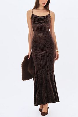 Miss Circle Miss Circle Veronique Croc-Embossed Velvet Cowl Neck Mermaid Maxi Dress in Brown, Women's at Urban Outfitters