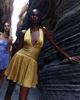 Miss Circle Miss Circle Xavia Crystal Organza Plunging Halter Mini Dress in Gold, Women's at Urban Outfitters - 1
