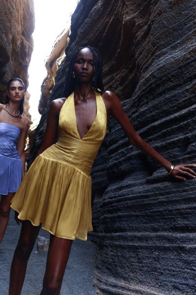 Miss Circle Miss Circle Xavia Crystal Organza Plunging Halter Mini Dress in Gold, Women's at Urban Outfitters