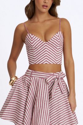Miss Circle Miss Circle Xola Chevron Striped Linen Cropped Top in Red, Women's at Urban Outfitters