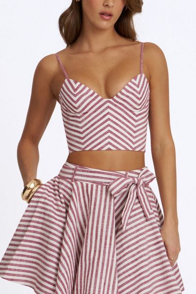Miss Circle Miss Circle Xola Chevron Striped Linen Cropped Top in Red, Women's at Urban Outfitters