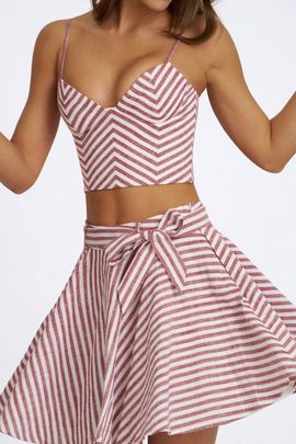 Miss Circle Miss Circle Xolani Striped Linen Mini Skirt in Red, Women's at Urban Outfitters