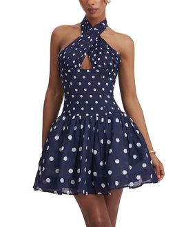 Miss Circle Miss Circle Yamina Polka Dot Ramie Crossover Halter Gathered Mini Dress