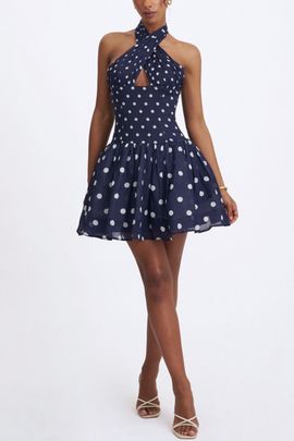 Miss Circle Miss Circle Yamina Polka Dot Ramie Crossover Halter Gathered Mini Dress in Navy, Women's at Urban Outfitters