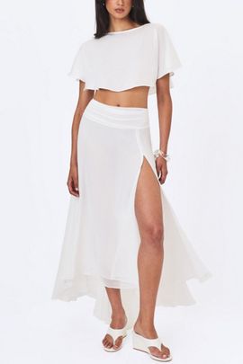 Miss Circle Miss Circle Yarae Satin Boat Neck Cape Top in White, Women's at Urban Outfitters