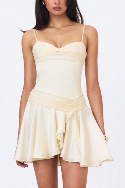 Miss Circle Miss Circle Yvonne Satin Asymmetrical Ruched Mini Dress in Ivory, Women's at Urban Outfitters