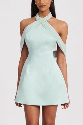 Miss Circle Miss Circle Zafrina Halter Off-Shoulder Mini Dress in Light Cyan, Women's at Urban Outfitters