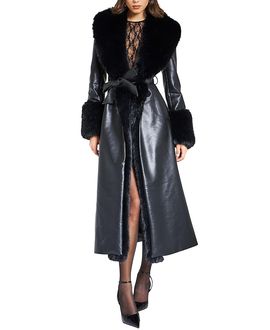 Miss Circle Miss Circle Zaida Faux Fur Trim Faux Leather Coat