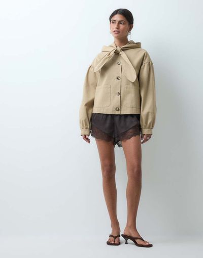 Miss Selfridge Miss Selfrdige cropped trench coat with tie neck detail-Neutral