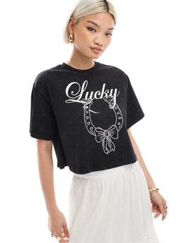 Miss Selfridge Miss Selfridge acid wash lucky horseshoe loose wide cropped tee in black