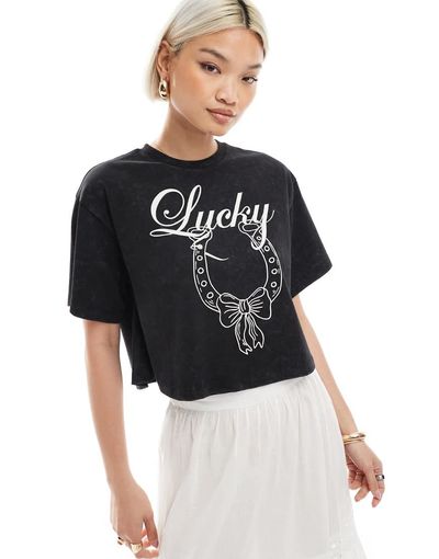 Miss Selfridge Miss Selfridge acid wash lucky horseshoe loose wide cropped tee in black