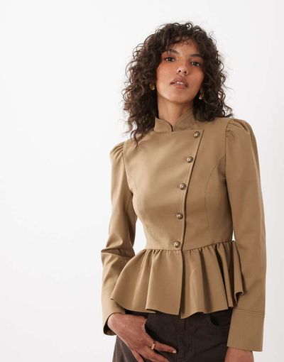 Miss Selfridge Miss Selfridge asymmetric military jacket in camel-Neutral